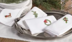 Saro Lifestyle Handmade Holly Leaf Christmas Embroidery Napkin With Hemstitched Border (Set Of 6), 20"x20", White