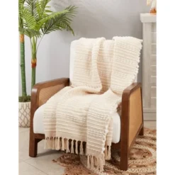 50"x60" Cozy Cabin Textured Striped Fringe Throw Blanket Natural - Saro Lifestyle: Woven Cotton & Polyester, Machine Washable -Saro Lifestyle GUEST 03cfd920 60f8 4763 ab65 c6af18997133