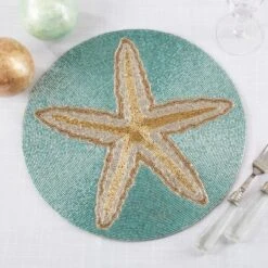 Saro Lifestyle Table Mats With Starfish Beaded Design (Set Of 4), Blue -Saro Lifestyle GUEST 07becc9d 9b1a 4fd3 82c6 e55a9e1e669e