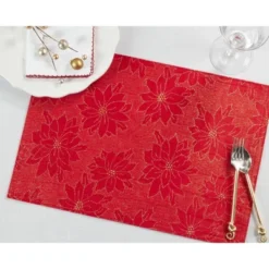 Saro Lifestyle Poinsettia Placemat, 13"x19" Oblong, Red (Set Of 4) -Saro Lifestyle GUEST 1144a3cc c993 439e 9947 d6b7c76ed196