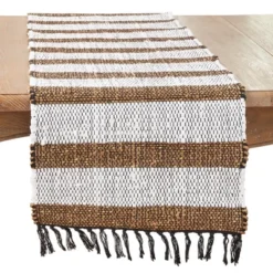 Saro Lifestyle Organic Elegance Striped Chindi Table Runner, 16"x72", Beige -Saro Lifestyle GUEST 1625684b 4c66 47ca 9309 4595c10f72f2
