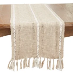 Saro Lifestyle Woven Delight Striped Table Runner With Decorative Fringe, 16"x72", Beige -Saro Lifestyle GUEST 1895ab16 4ac2 4ed8 8e40 34eef8f349f4