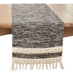 Saro Lifestyle Boho Fringe Pom Pom Stripe Table Runner, 16"x72", Black -Saro Lifestyle GUEST 1aad1728 dce5 48e3 9f8d 7ba76979df58