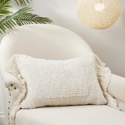 Saro Lifestyle Fringe Haven Outdoor Poly Filled Throw Pillow, 16"x24", Beige 4 Saro Lifestyle Fringe Haven Outdoor Poly Filled Throw Pillow, 16"x24", Beige - Image 2