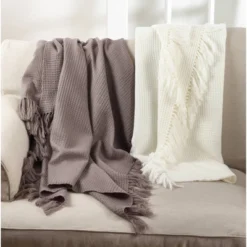 50"x60" Throw Blanket Off White - Saro Lifestyle: Cozy Polyester Basket Weave, Hand Washable -Saro Lifestyle GUEST 20a82aa6 e78d 4242 b30c e424663feb25