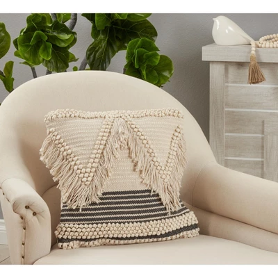 Saro Lifestyle Woven Fringe Decorative Pillow Cover, Natural, 18" 4 Saro Lifestyle Woven Fringe Decorative Pillow Cover, Natural, 18" - Image 2