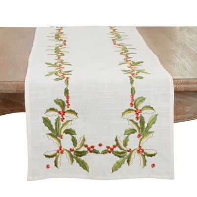 Saro Lifestyle Holly Embroidery Christmas Table Runner 4 Saro Lifestyle Holly Embroidery Christmas Table Runner - Image 2