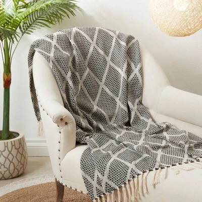 Saro Lifestyle Diamond-Patterned Knit Fringed Throw, Black, 50"x60" 4 Saro Lifestyle Diamond-Patterned Knit Fringed Throw, Black, 50"x60" - Image 2
