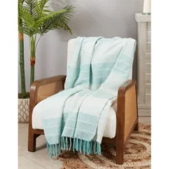 50"x60" Fringed Corded Striped Throw Blanket Aqua Blue - Saro Lifestyle: Cotton Weave, Machine Washable, Cozy For All Ages -Saro Lifestyle GUEST 51dfadbf a0e1 43c1 ae04 b3dac00e58cd