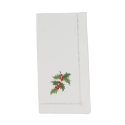 Saro Lifestyle Handmade Holly Leaf Christmas Embroidery Napkin With Hemstitched Border (Set Of 6), 20"x20", White -Saro Lifestyle GUEST 5215e41f 1ce2 419f afb3 bddee6729939