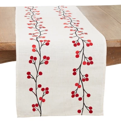 Saro Lifestyle Holiday Cheer Embroidered Berry Table Runner, 16"x72", Beige 5 Saro Lifestyle Holiday Cheer Embroidered Berry Table Runner, 16"x72", Beige - Image 3