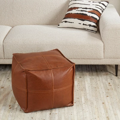Saro Lifestyle Vintage Inspired Faux Leather Patchwork Pouf, 18"x18"x16", Brown 5 Saro Lifestyle Vintage Inspired Faux Leather Patchwork Pouf, 18"x18"x16", Brown - Image 3
