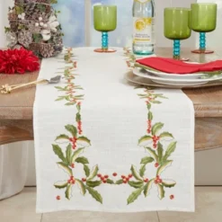 Saro Lifestyle Holly Embroidery Christmas Table Runner