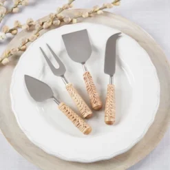 Saro Lifestyle Rustic Charm Wicker Cheese Cutlery (Set Of 4), Beige