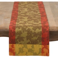 Saro Lifestyle Fall Foliage Autumn Leaves Design Jacquard Cotton Table Runner, 13"x72", Multicolored