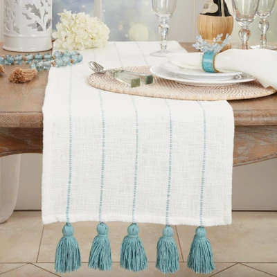 Saro Lifestyle Tassel Fantasy Stripe Table Runner, Mint, 16"x72" 4 Saro Lifestyle Tassel Fantasy Stripe Table Runner, Mint, 16"x72" - Image 2