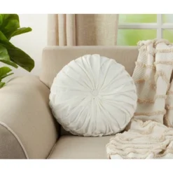 14" Velvet Pintucked Poly Filled Round Throw Pillow White - Saro Lifestyle -Saro Lifestyle GUEST 8513d1f3 808b 44f5 aef6 10d8e914be06