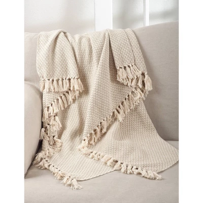 50"x60" Classic Tassel Trim Throw Blanket Beige - Saro Lifestyle 4 50"x60" Classic Tassel Trim Throw Blanket Beige - Saro Lifestyle - Image 2