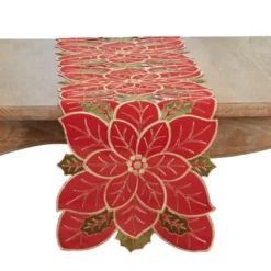 Saro Lifestyle Poinsettia Table Runner, 16"x70", Red -Saro Lifestyle GUEST ab6376e7 be8c 445b 8234 92f54fd32bac