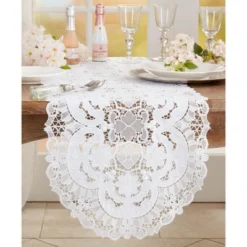 Saro Lifestyle Lace Design Elegant Table Runner, White, 15" X 66" -Saro Lifestyle GUEST b39da479 fdf6 4435 9029 588d1ad8ed05