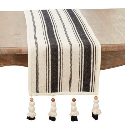 Saro Lifestyle Wood Bead Tassel Trimmed Stripe Table Runner, Black, 13"x72" 5 Saro Lifestyle Wood Bead Tassel Trimmed Stripe Table Runner, Black, 13"x72" - Image 3