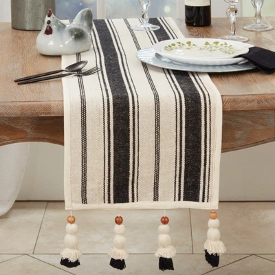Saro Lifestyle Wood Bead Tassel Trimmed Stripe Table Runner, Black, 13"x72" 4 Saro Lifestyle Wood Bead Tassel Trimmed Stripe Table Runner, Black, 13"x72" - Image 2
