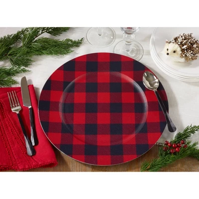 Set Of 4 Buffalo Plaid Design Table Chargers Red/Black - Saro Lifestyle 4 Set Of 4 Buffalo Plaid Design Table Chargers Red/Black - Saro Lifestyle - Image 2