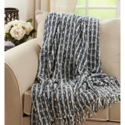 Saro Lifestyle Saro Lifestyle Throw Blanket With Striped Fringe Design, Navy Blue, 50"x60" -Saro Lifestyle GUEST d03535a0 c40d 428c 93bb 345cbec56e3b