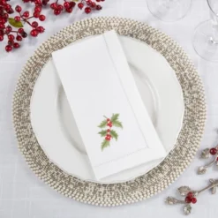 Saro Lifestyle Handmade Holly Leaf Christmas Embroidery Napkin With Hemstitched Border (Set Of 6), 20"x20", White -Saro Lifestyle GUEST d30eb519 b630 4f2f 9c47 28128b1c6d93