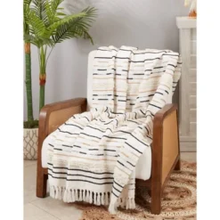 50"x60" Woven Sophistication Corded Fringe Throw Blanket Ivory - Saro Lifestyle -Saro Lifestyle GUEST d720e016 e340 47b1 afe1 e1fc7083417c