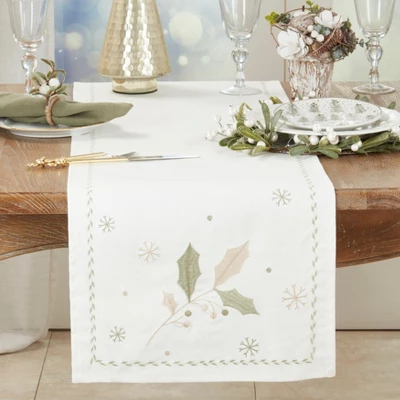 Saro Lifestyle Joyful Holly Leaves Table Runner, White, 16" X 72" 4 Saro Lifestyle Joyful Holly Leaves Table Runner, White, 16" X 72" - Image 2