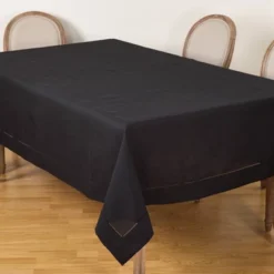70"x120" Tablecloth With Hemstitch Border Design Black - Saro Lifestyle: Elegant, Machine Washable, Polyester