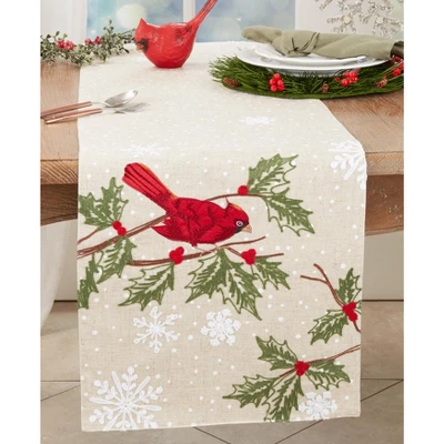 Saro Lifestyle Winter's Delight Perched Cardinal Table Runner, 16"x70", Beige 4 Saro Lifestyle Winter's Delight Perched Cardinal Table Runner, 16"x70", Beige - Image 2