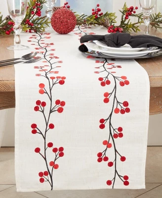 Saro Lifestyle Holiday Cheer Embroidered Berry Table Runner, 16"x72", Beige 4 Saro Lifestyle Holiday Cheer Embroidered Berry Table Runner, 16"x72", Beige - Image 2